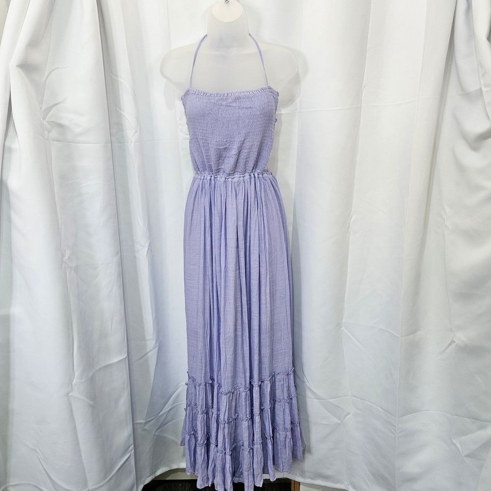NWT Lavender Smocked Halter Maxi Dress Size L Tiered Ruffle beach peasant boho